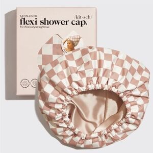 NWT - Kitsch Satin-Lined Flexi Shower Cap - Terracotta Checker